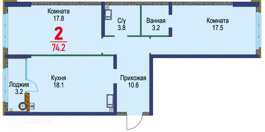 Планировка: 2-комн. квартира 74.20 м² в новостройке Красный Металлист
