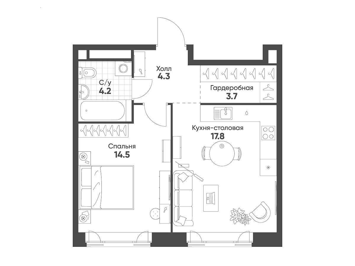 Планировка: 1-комн. квартира 44.50 м² в новостройке Мариин Парк