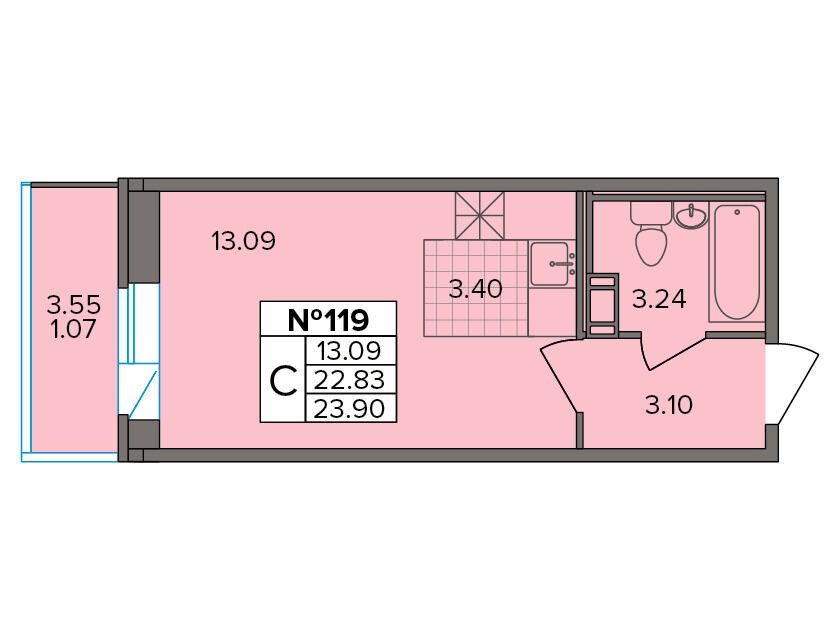 Планировка: Студия 23.90 м² в новостройке Капральский