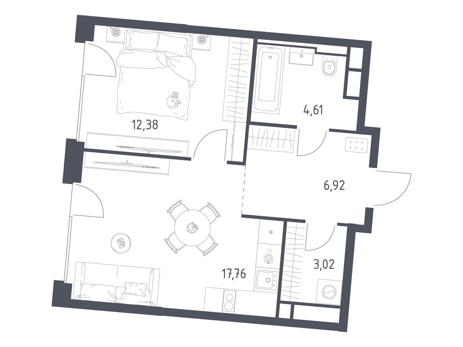 Планировка: 1-комн. квартира 44.69 м² в новостройке Квартал на воде