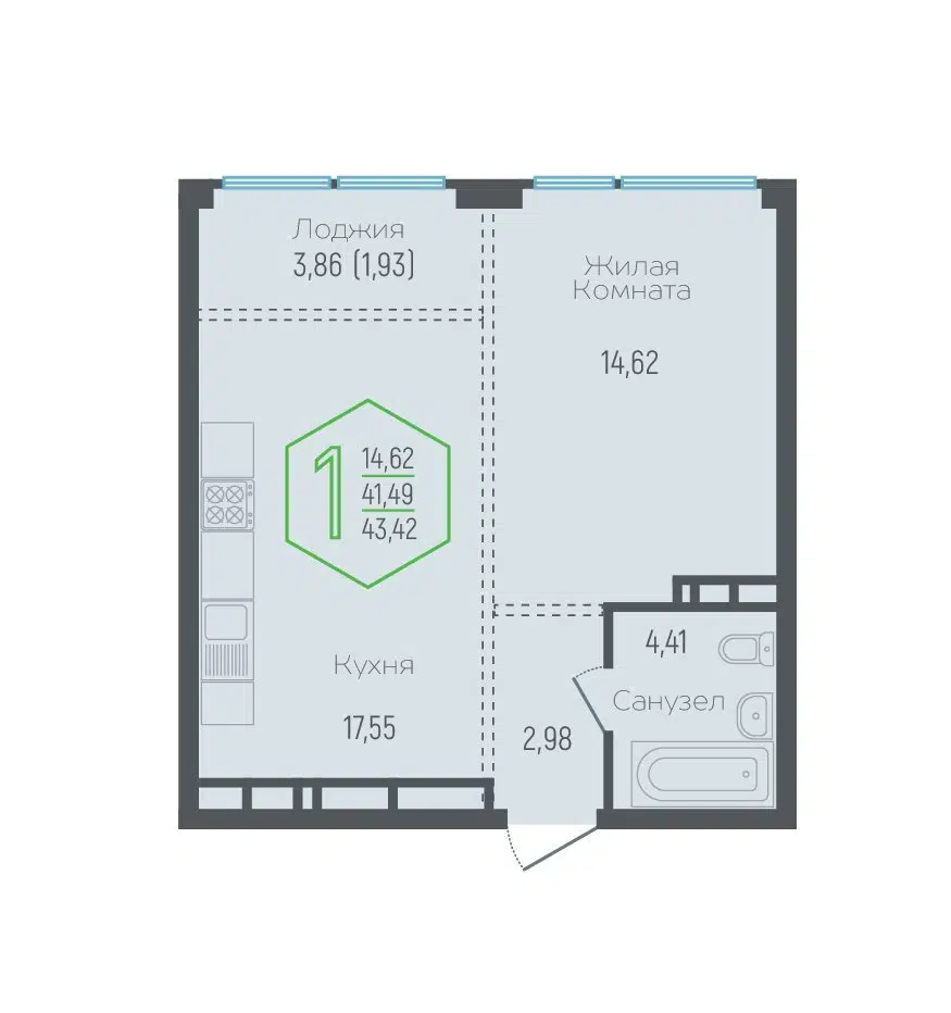 Планировка: 1-комн. квартира 43.70 м² в новостройке Гарантия на Обрывной