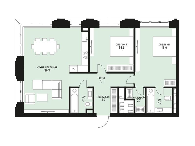Планировка: 2-комн. квартира 93.30 м² в новостройке Шелепиха
