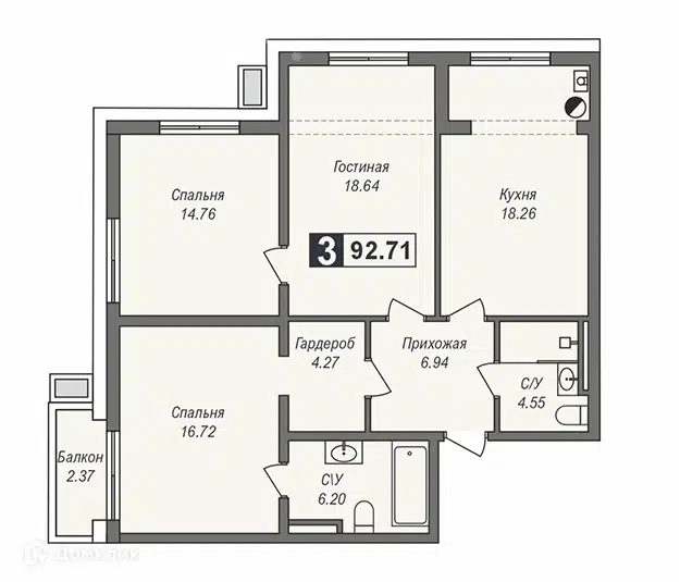 Планировка: 3-комн. квартира 92.71 м² в новостройке Мельница