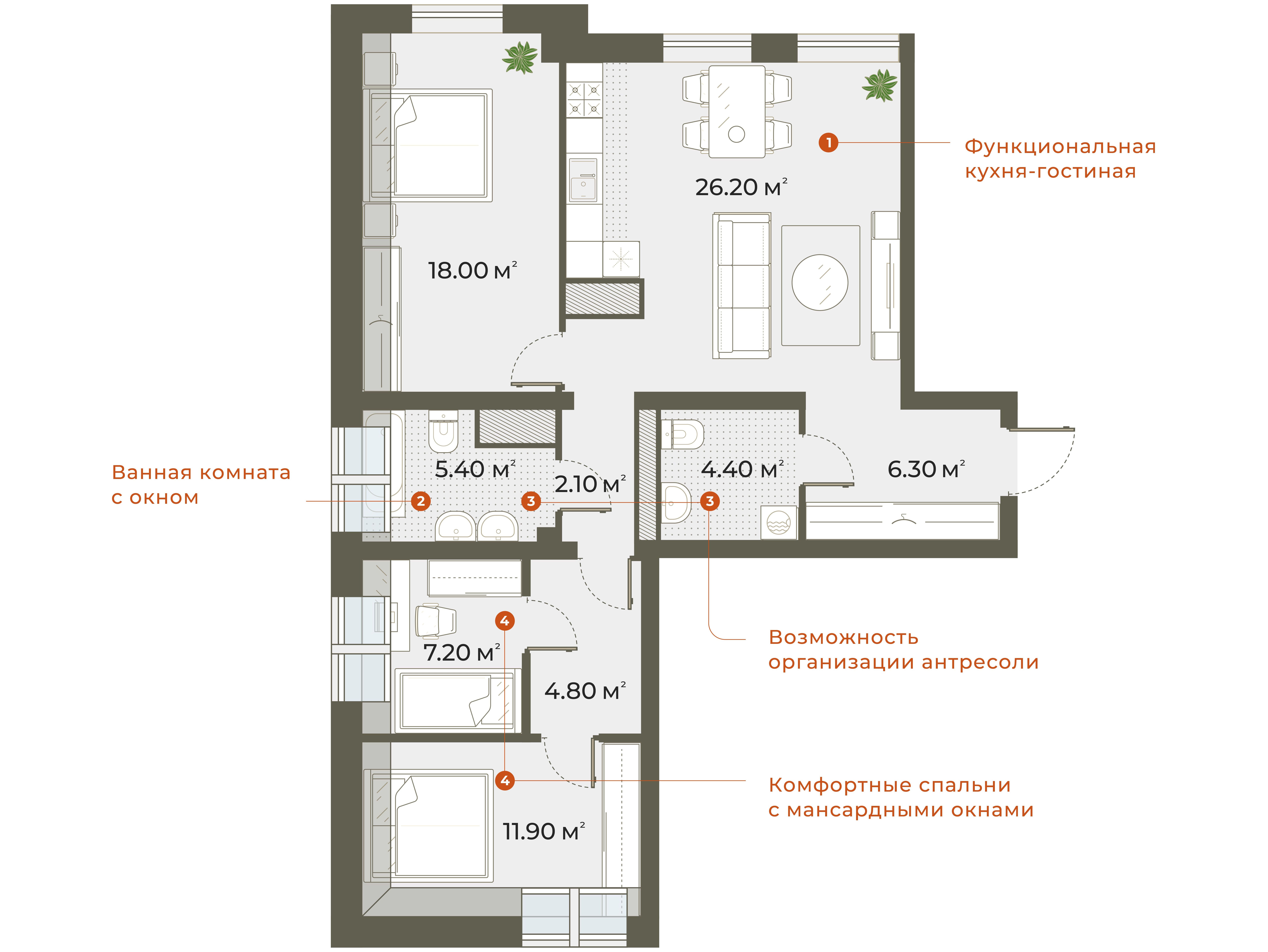 Планировка: 3-комн. квартира 87.90 м² в новостройке Аура