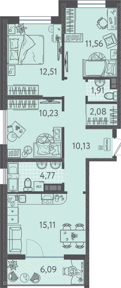 Планировка: 3-комн. квартира 70.85 м² в новостройке Друзья
