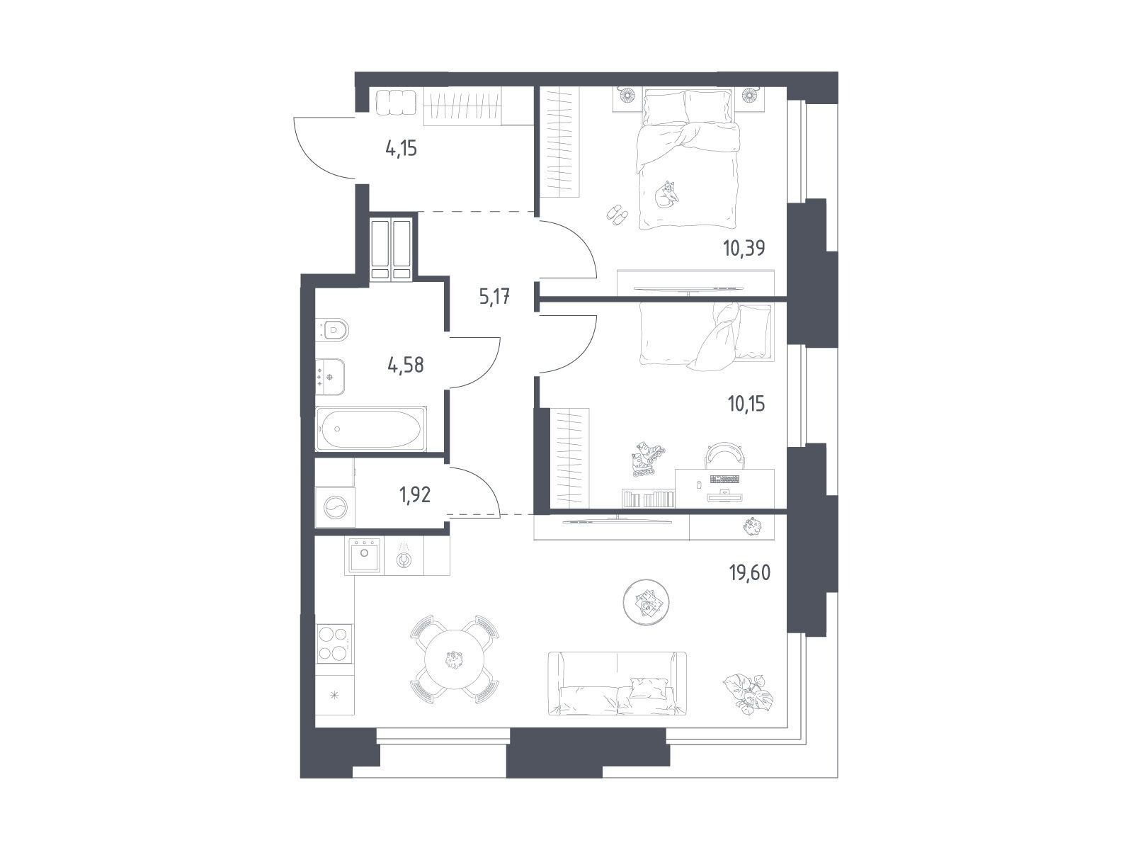Планировка: 2-комн. квартира 55.50 м² в новостройке Тропарево Парк