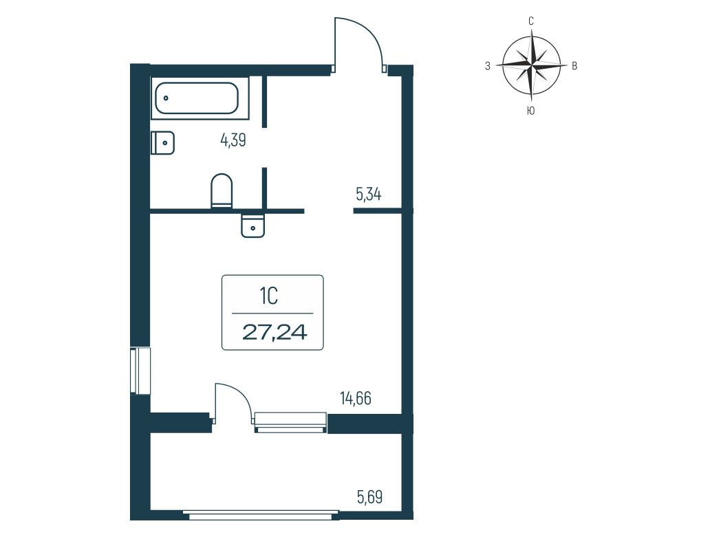 Планировка: Студия 26.80 м² в новостройке ЖК Расцветай в Янино