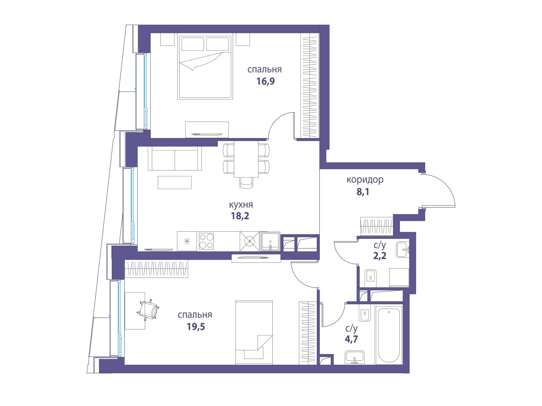 Планировка: 2-комн. квартира 69.60 м² в новостройке Символ