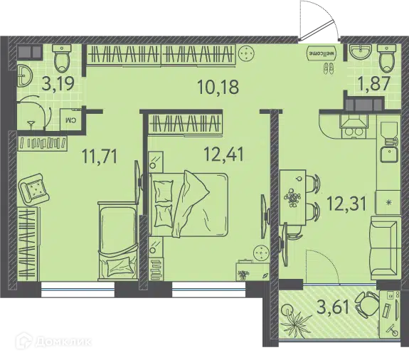 Планировка: 2-комн. квартира 52.55 м² в новостройке Друзья