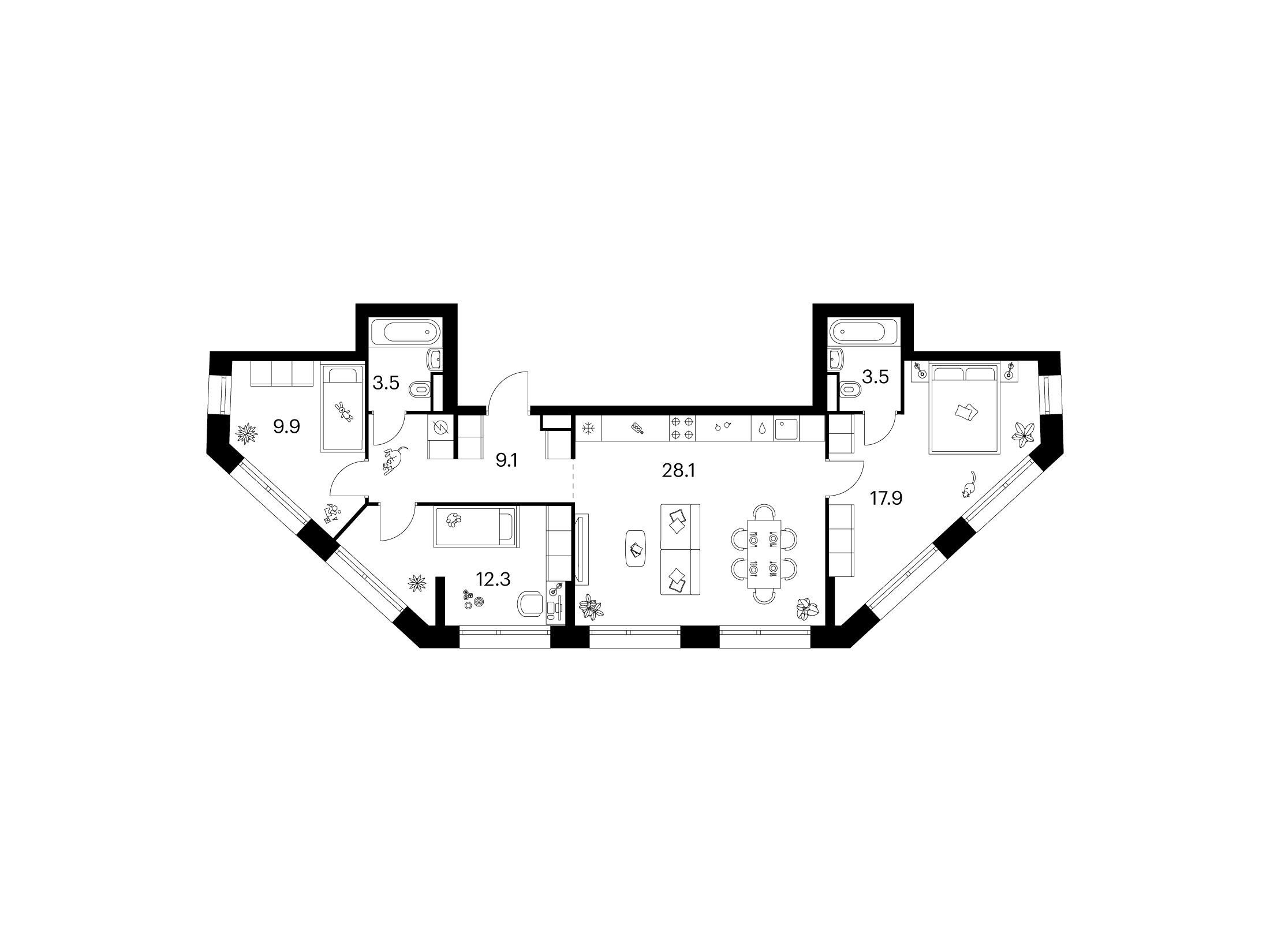 Планировка: 3-комн. квартира 84.30 м² в новостройке Строгино 360