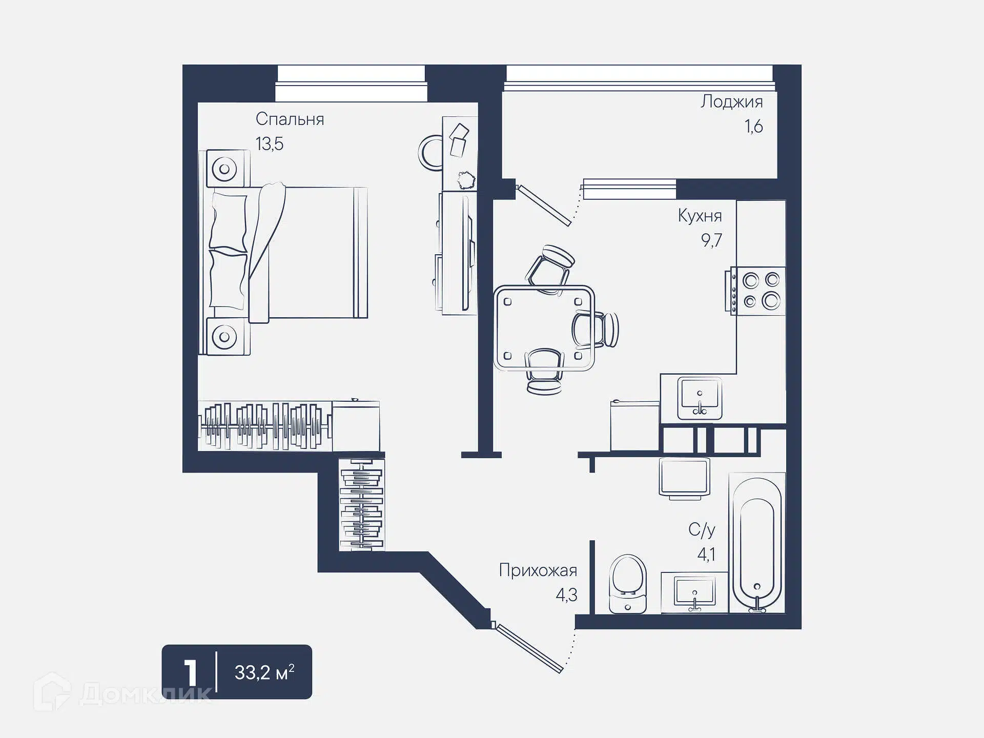 Планировка: 1-комн. квартира 33.20 м² в новостройке Архитектор