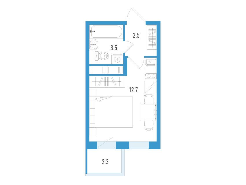 Планировка: Студия 19.40 м² в новостройке Аэросити Клаб