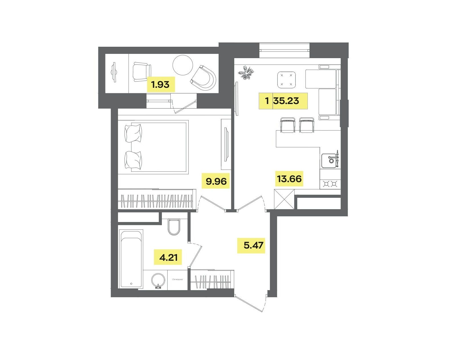 Планировка: 2-комн. квартира 35.23 м² в новостройке Радость