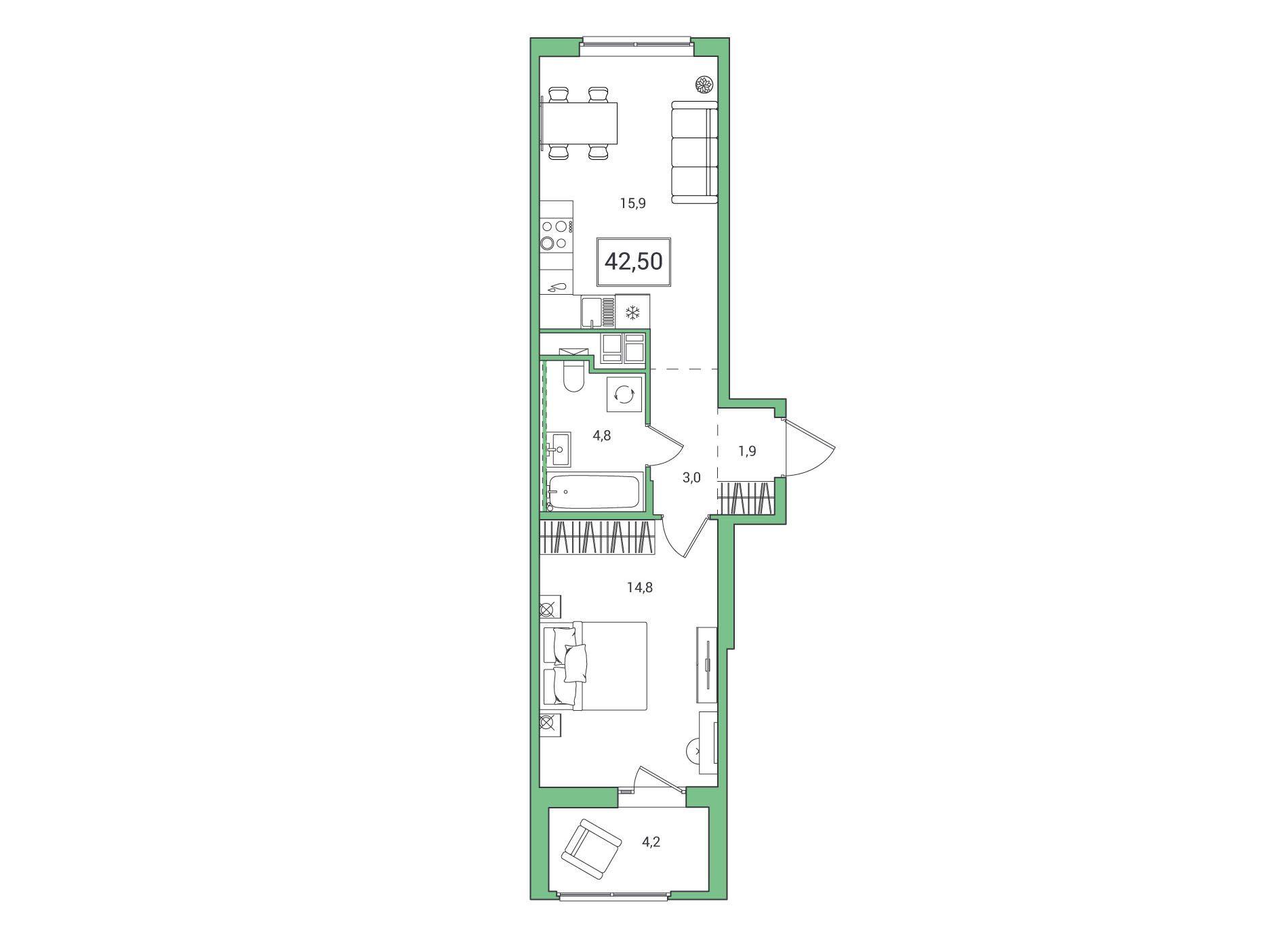 Планировка: 1-комн. квартира 42.50 м² в новостройке ЖК Янила Форест