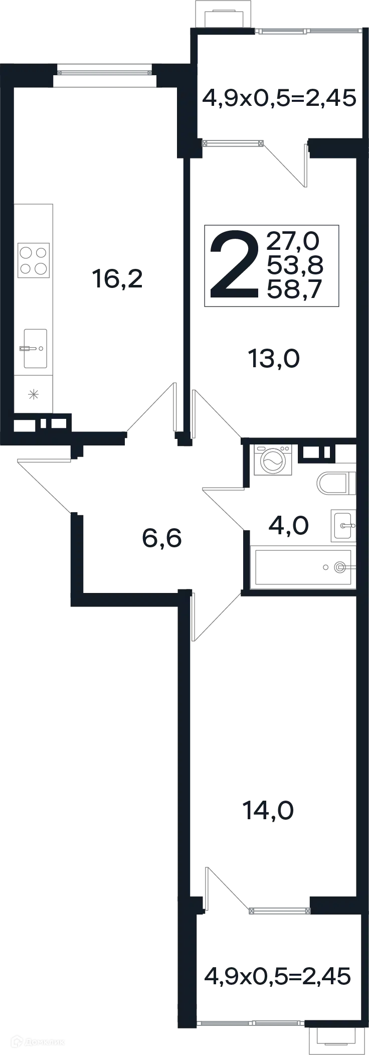 Планировка: 2-комн. квартира 58.60 м² в новостройке Новая Елизаветка