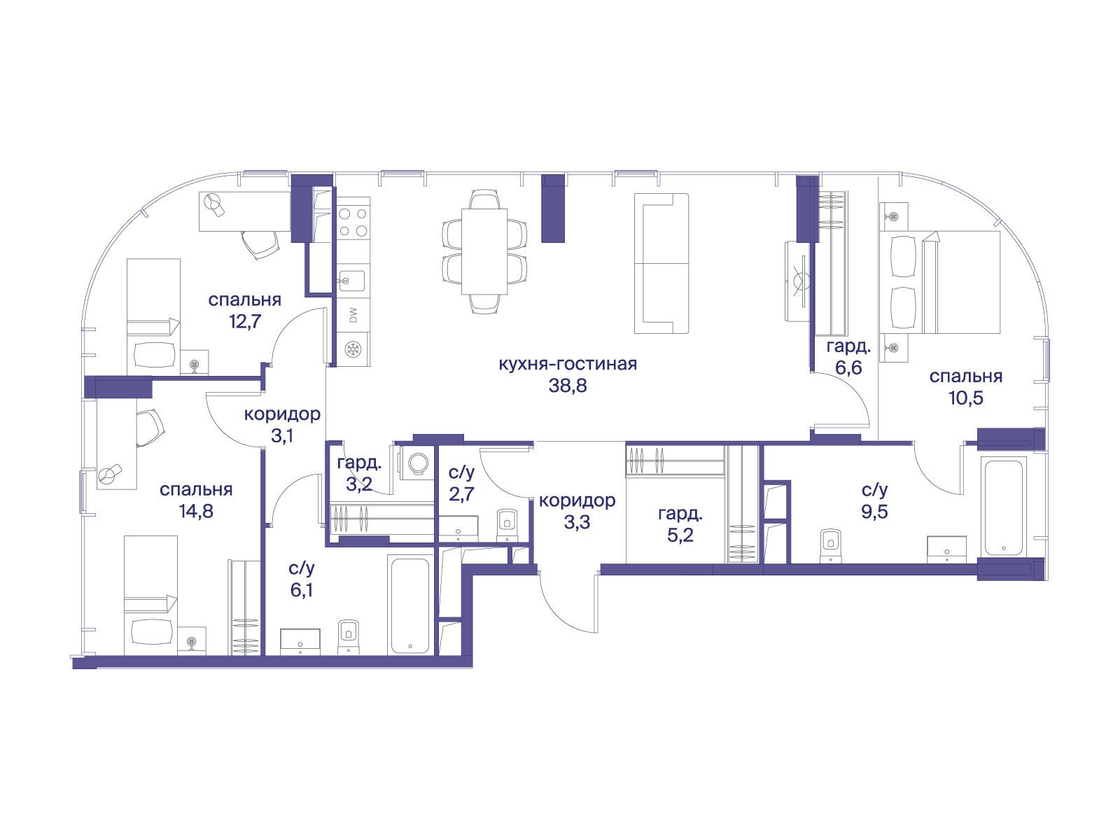 Планировка: 3-комн. квартира 116.50 м² в новостройке Начало