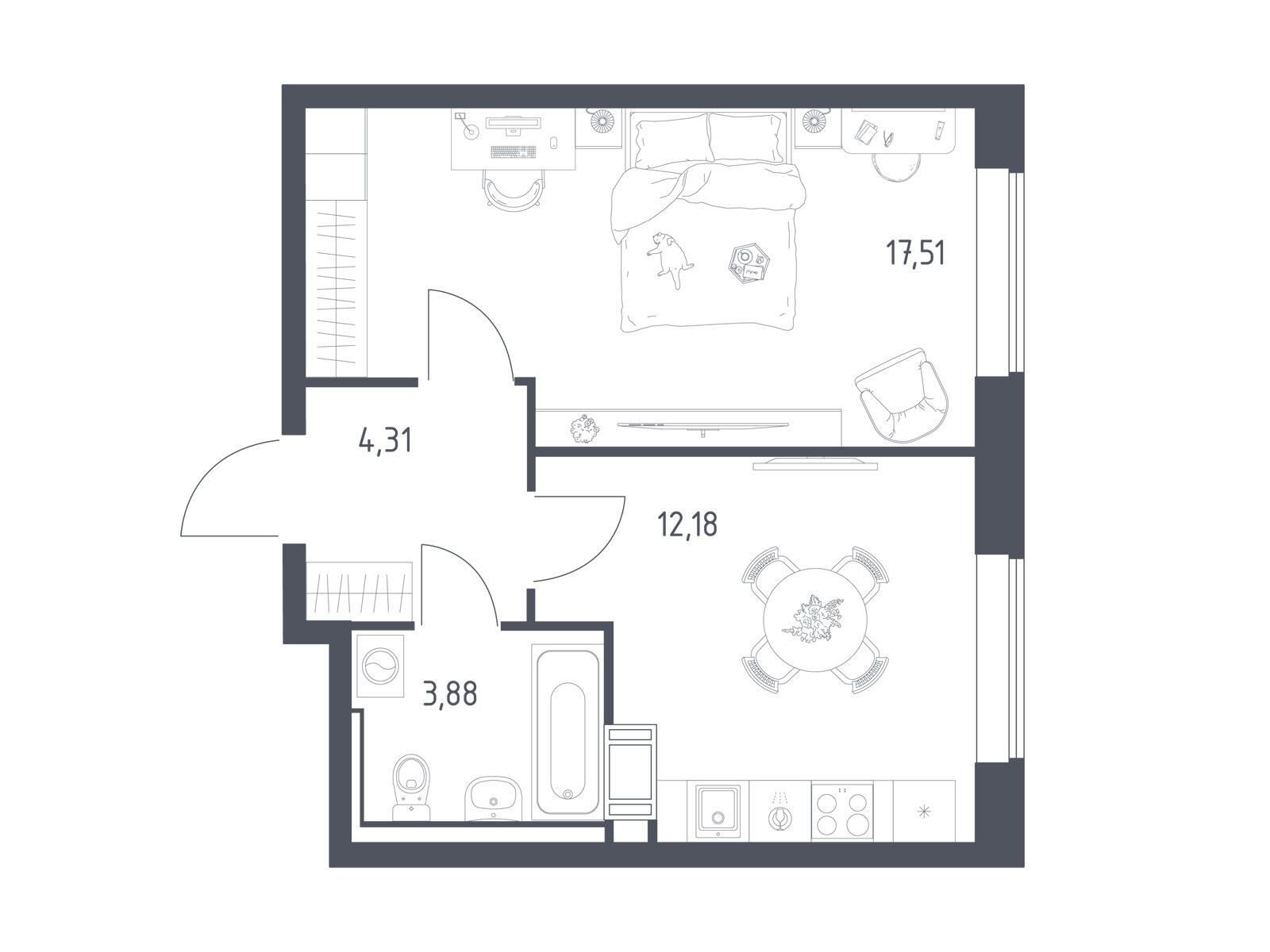 Планировка: 1-комн. квартира 37.60 м² в новостройке Томилино Парк