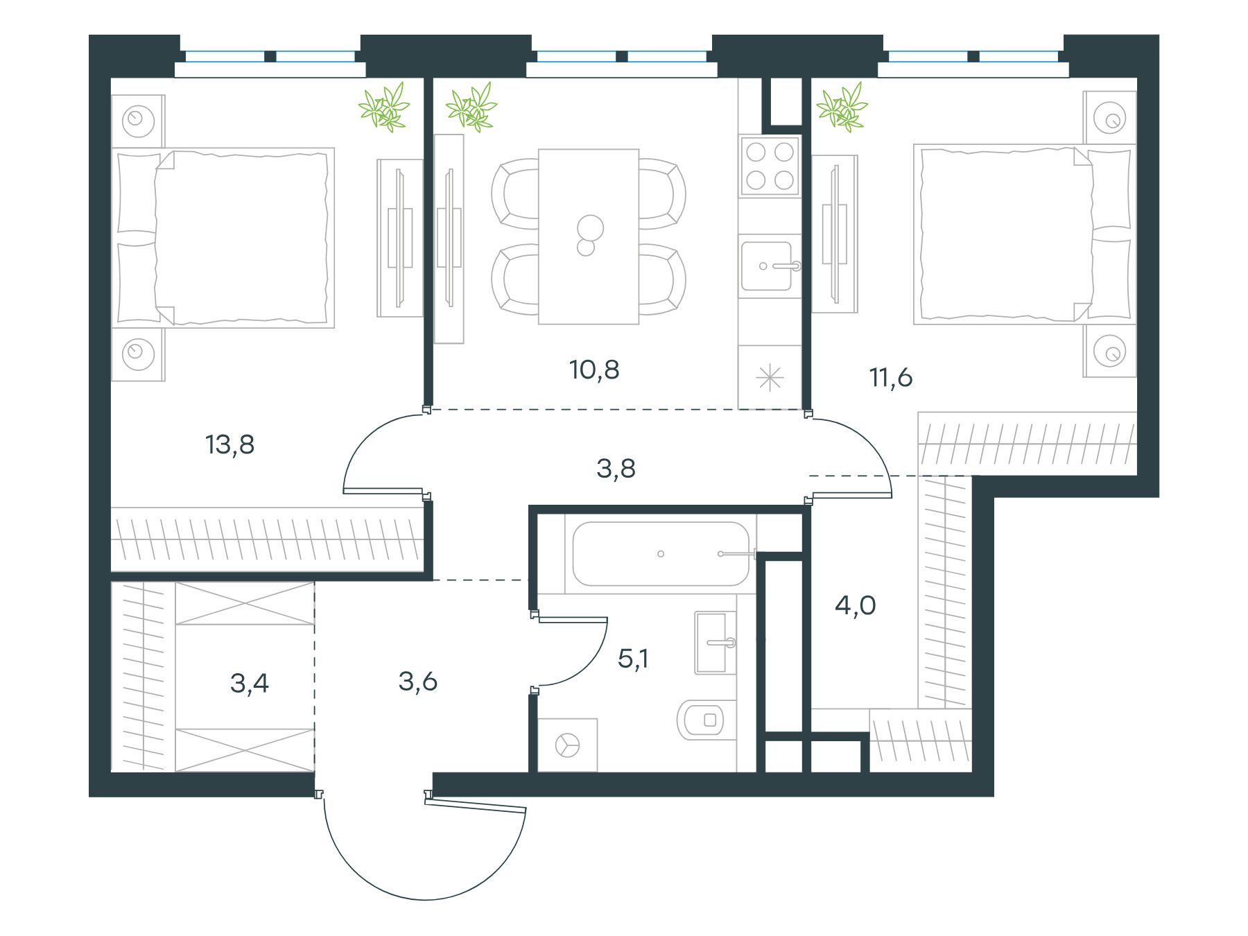 Планировка: 2-комн. квартира 56.10 м² в новостройке Левел Нижегородская