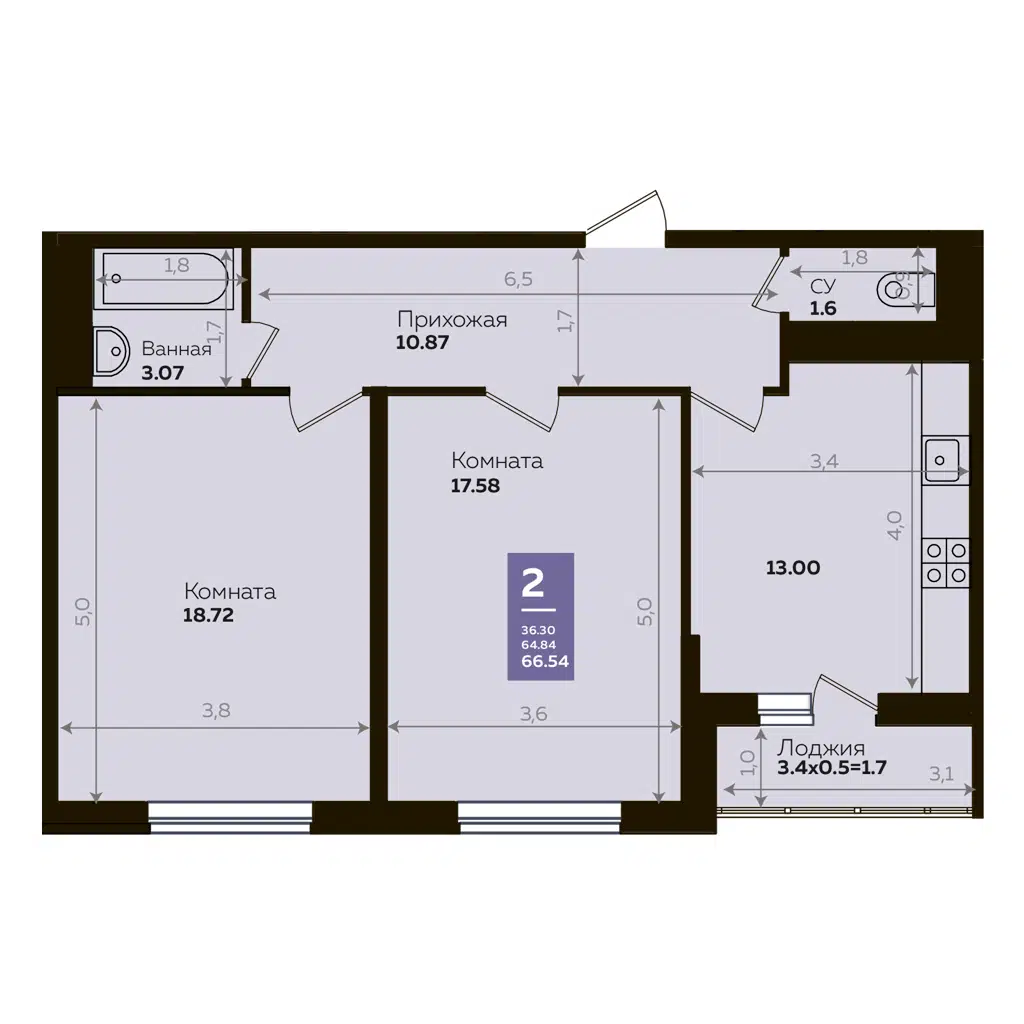 Планировка: 2-комн. квартира 65.20 м² в новостройке ЖК Левада
