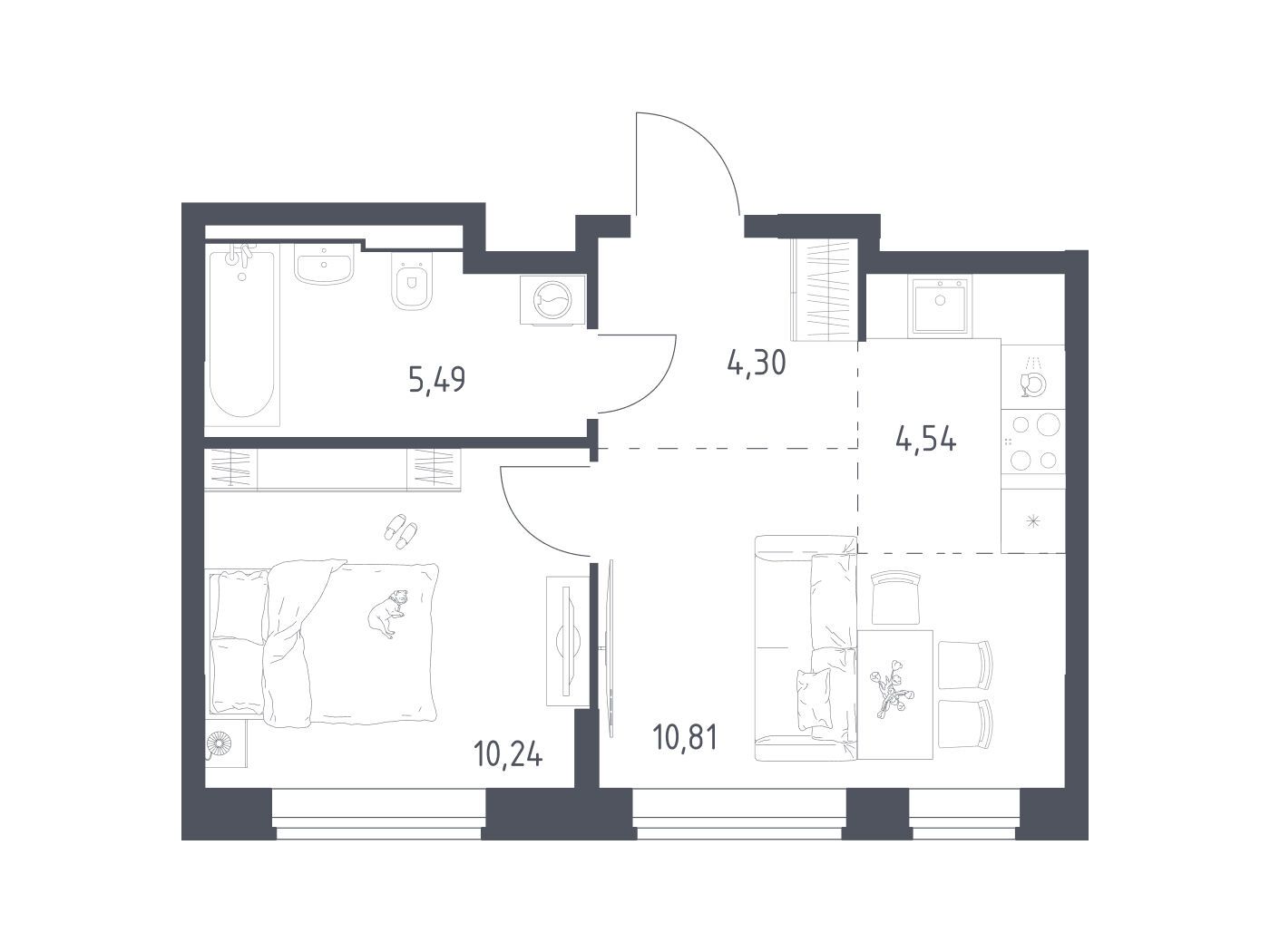 Планировка: 1-комн. квартира 35.38 м² в новостройке ЖК Квартал Домашний