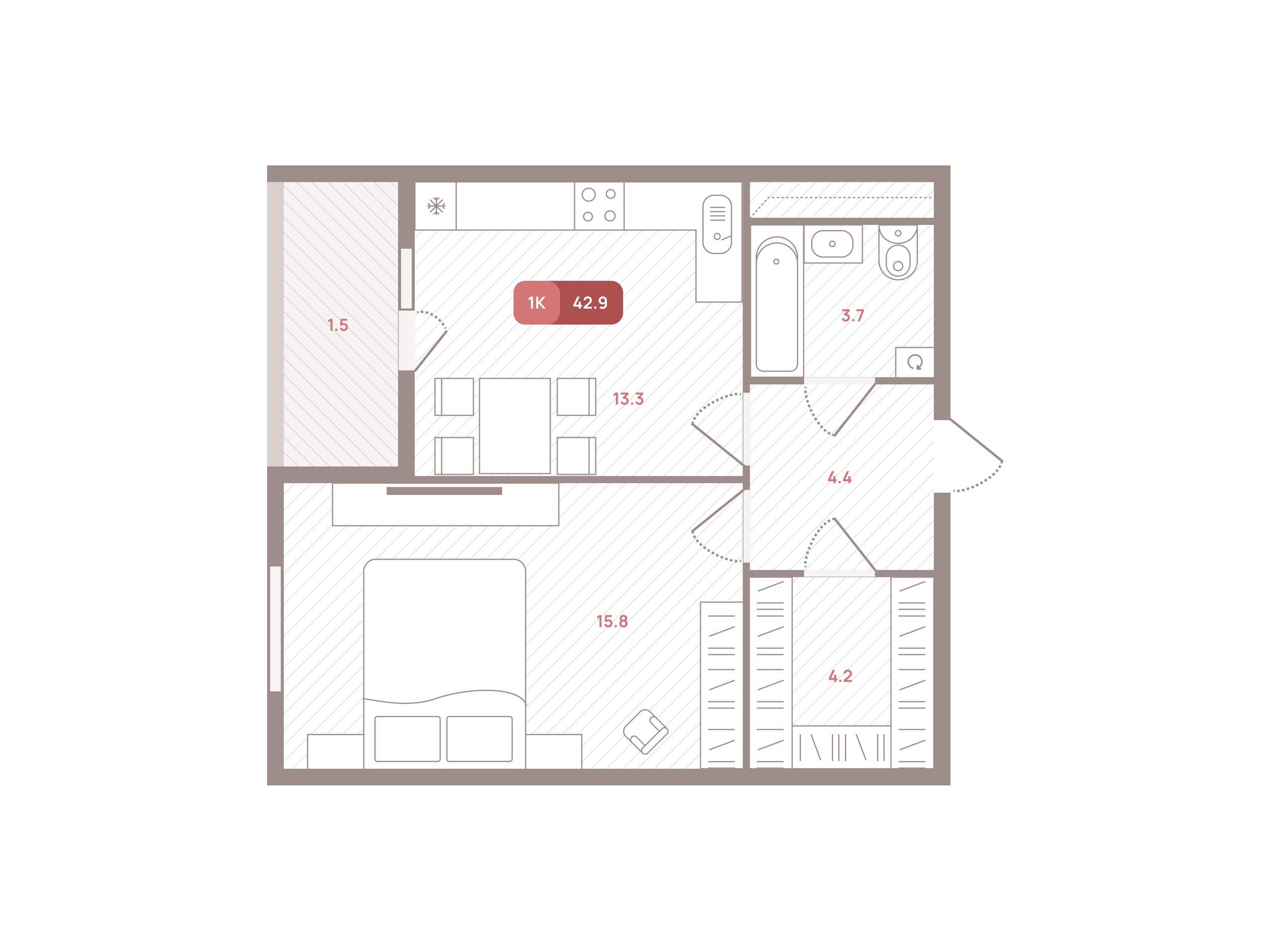 Планировка: 1-комн. квартира 42.90 м² в новостройке Ом