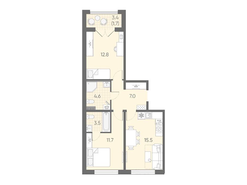 Планировка: 2-комн. квартира 56.80 м² в новостройке Пулково Лайк
