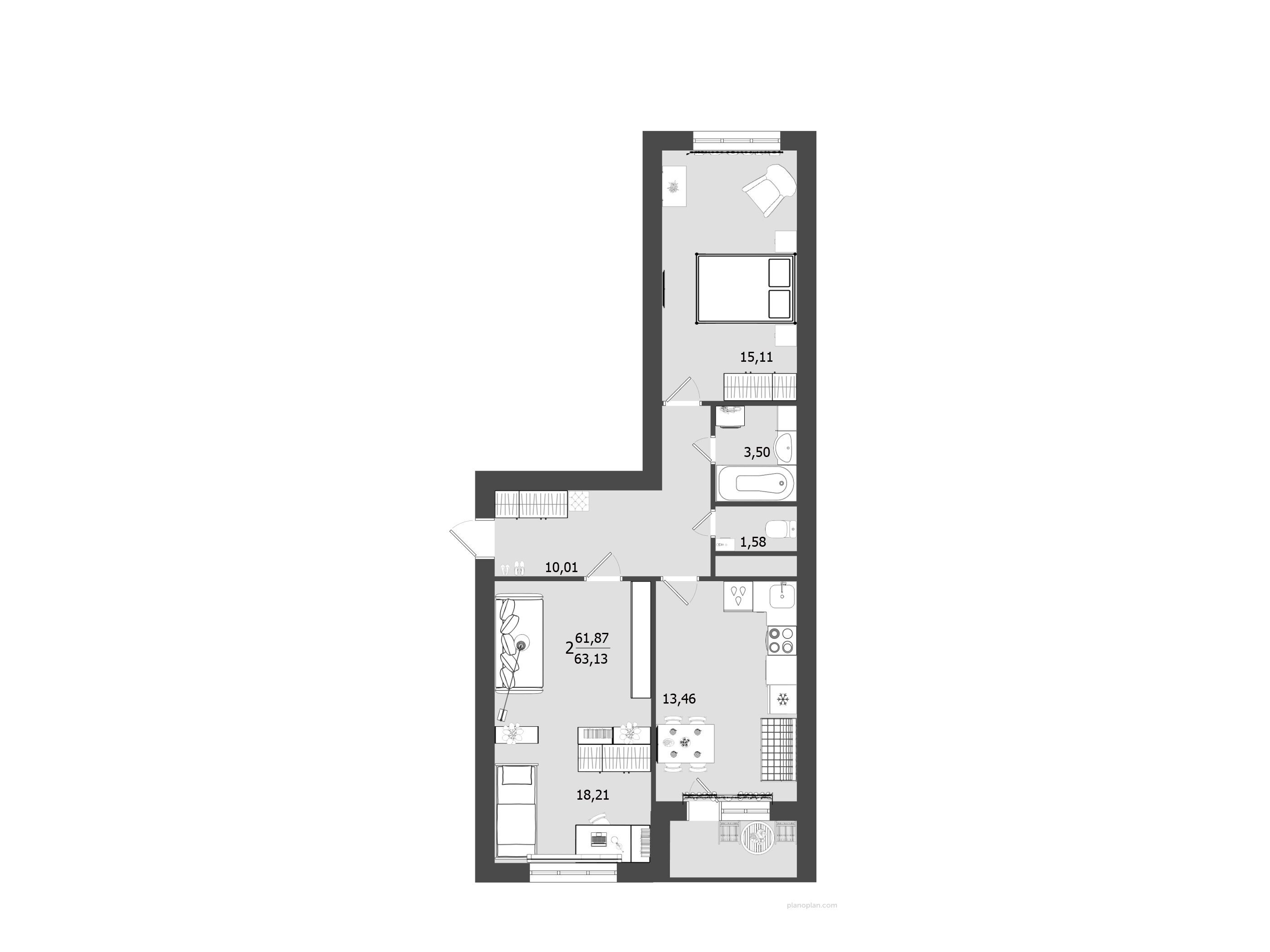 Планировка: 2-комн. квартира 63.13 м² в новостройке Олимп 3