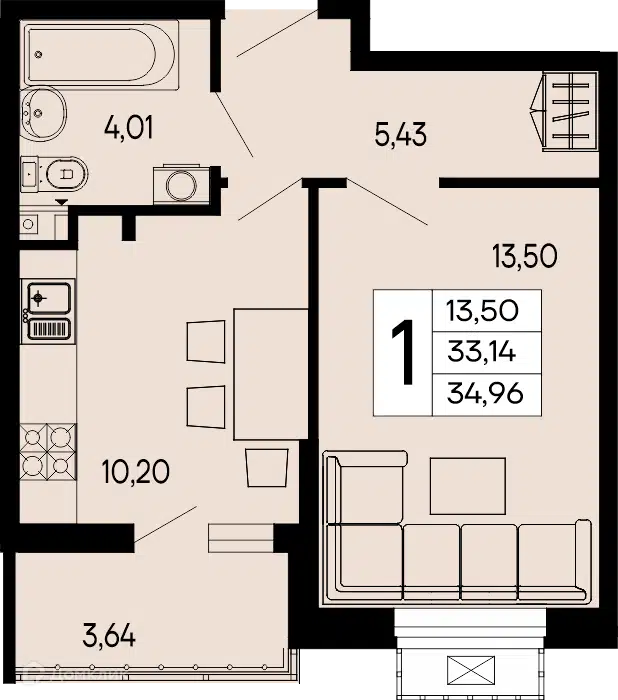 Планировка: 1-комн. квартира 34.96 м² в новостройке Эпос