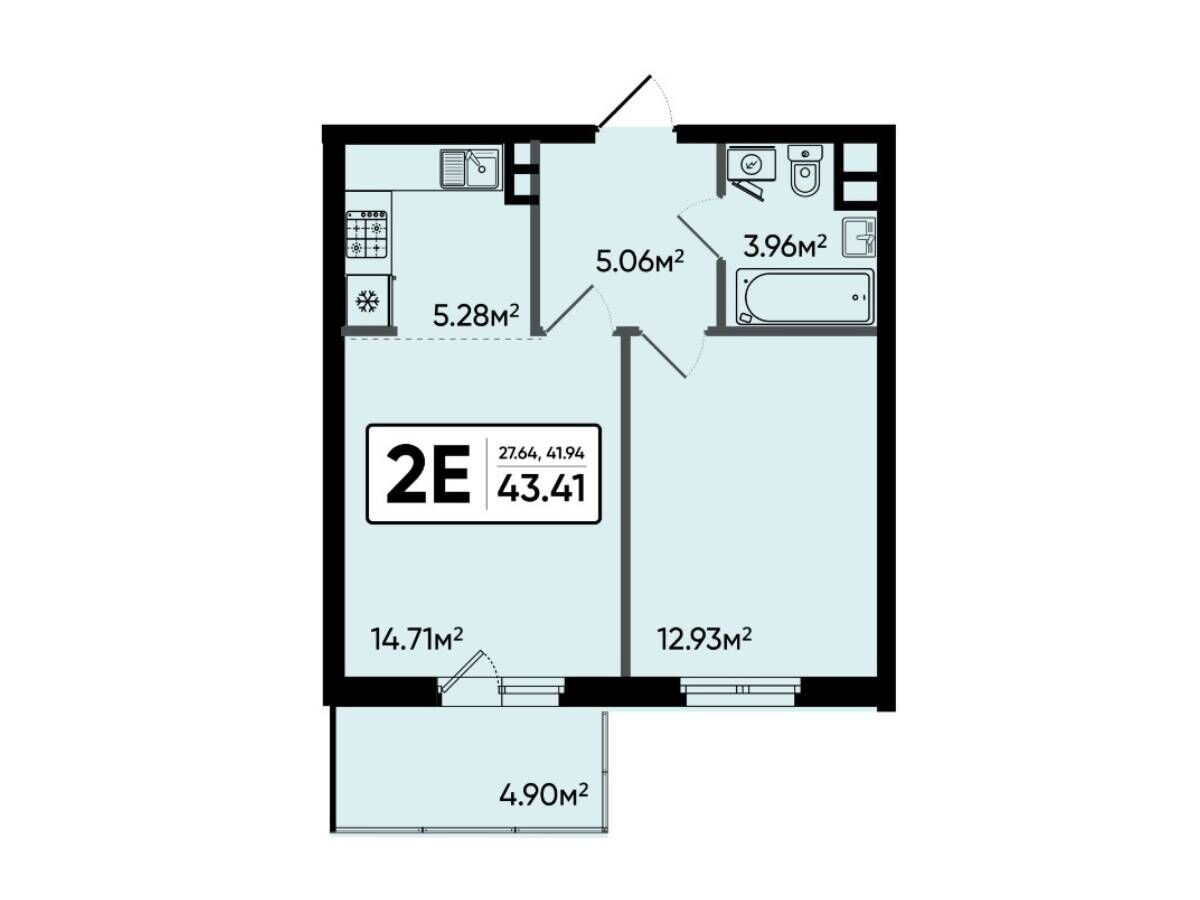 Планировка: 2-комн. квартира 43.41 м² в новостройке Северный Квартал
