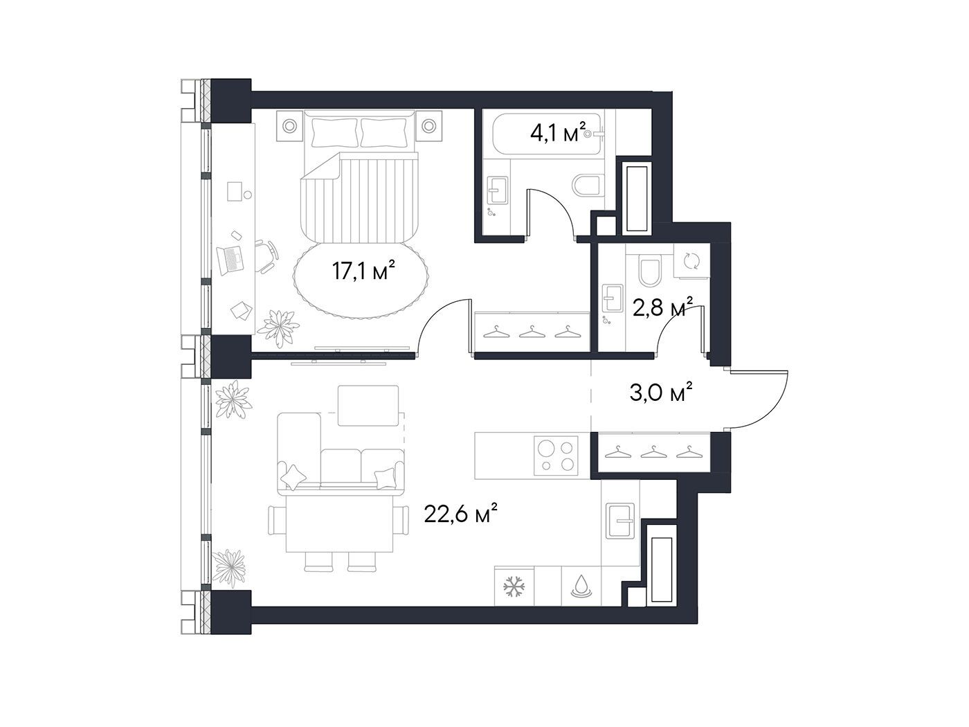 Планировка: 1-комн. квартира 49.60 м² в новостройке Первый Нагатинский