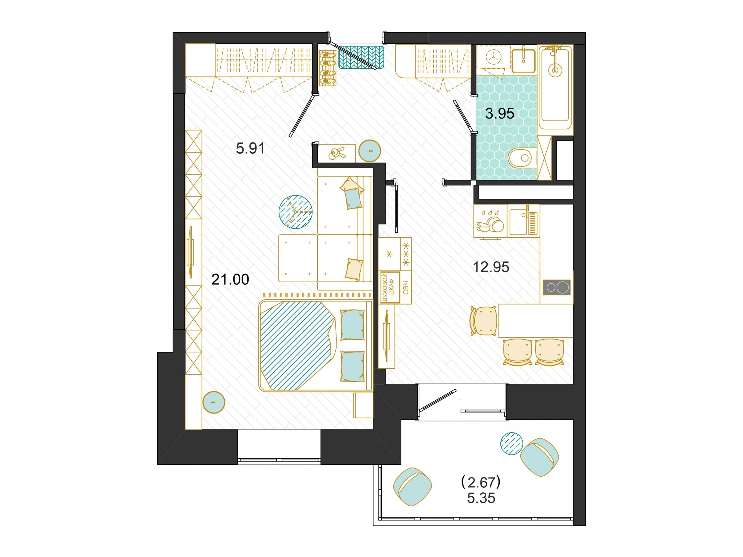 Планировка: 1-комн. квартира 46.48 м² в новостройке Оптима