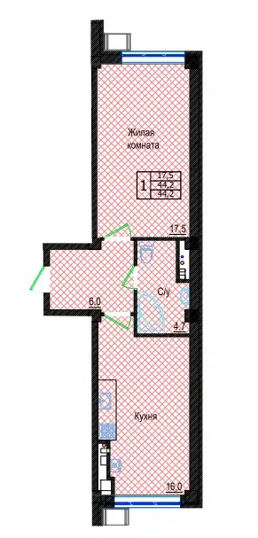 Планировка: 1-комн. квартира 44.20 м² в новостройке Резиденция