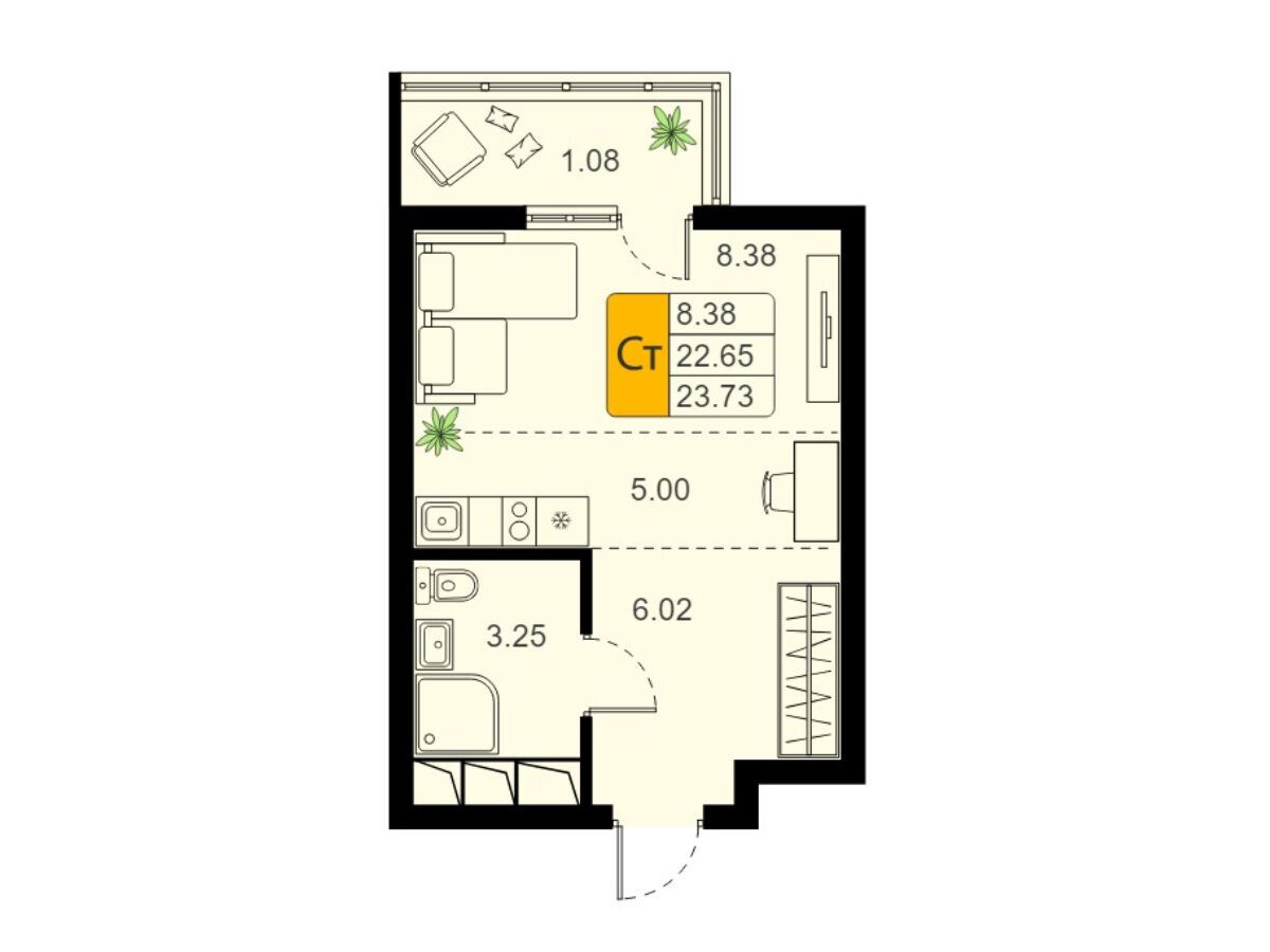 Планировка: Студия 23.73 м² в новостройке Химки Тайм
