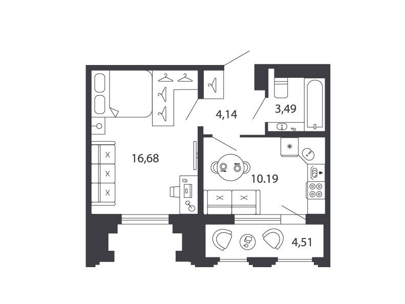 Планировка: 1-комн. квартира 36.76 м² в новостройке Шепилевский