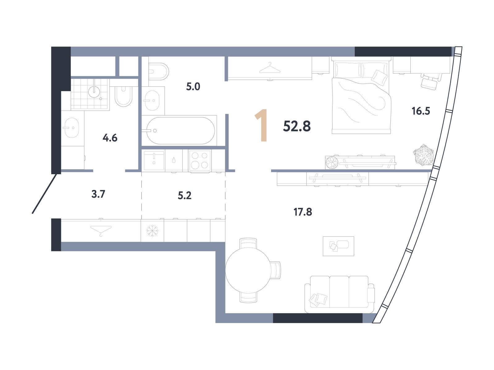Планировка: 1-комн. квартира 52.80 м² в новостройке Аурус Резиденции