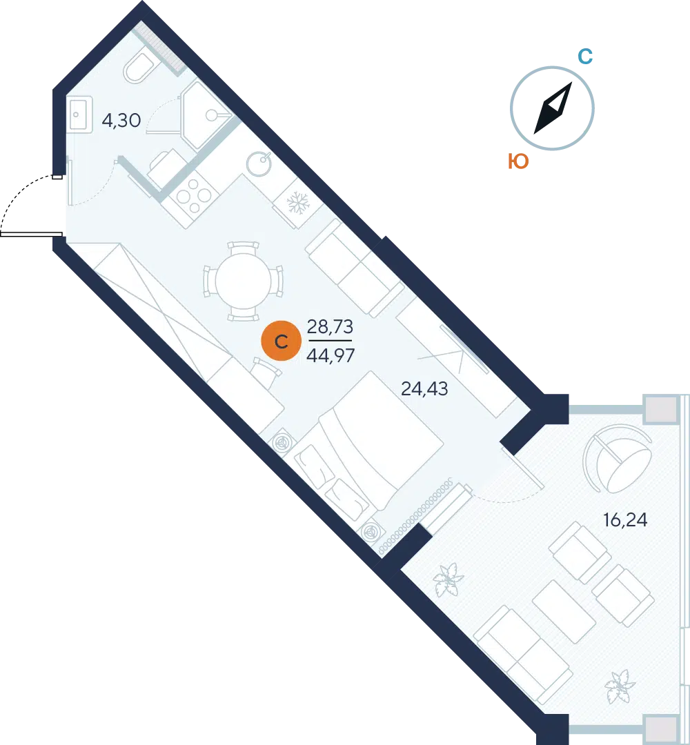 Планировка: Студия 44.97 м² в новостройке Альба дель Маре