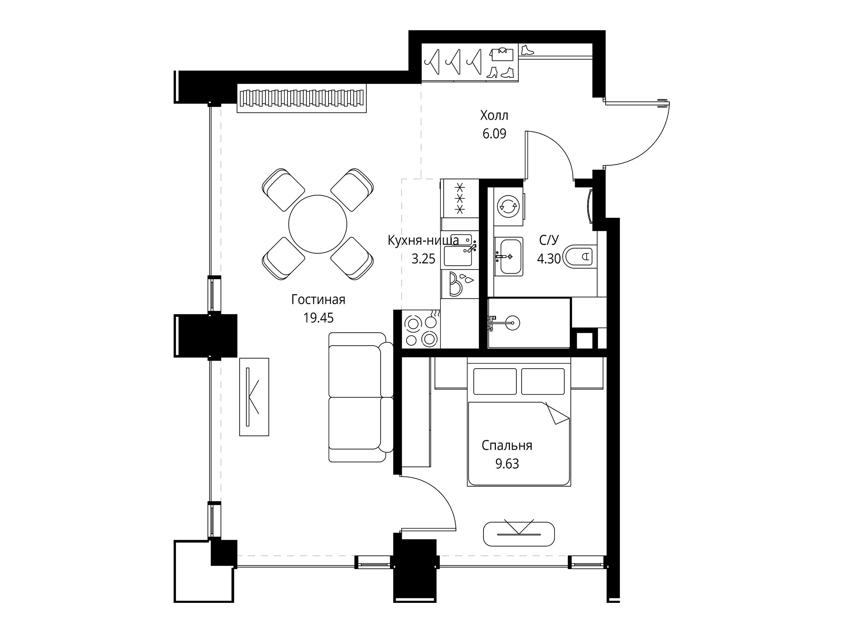Планировка: 1-комн. квартира 42.72 м² в новостройке Сет