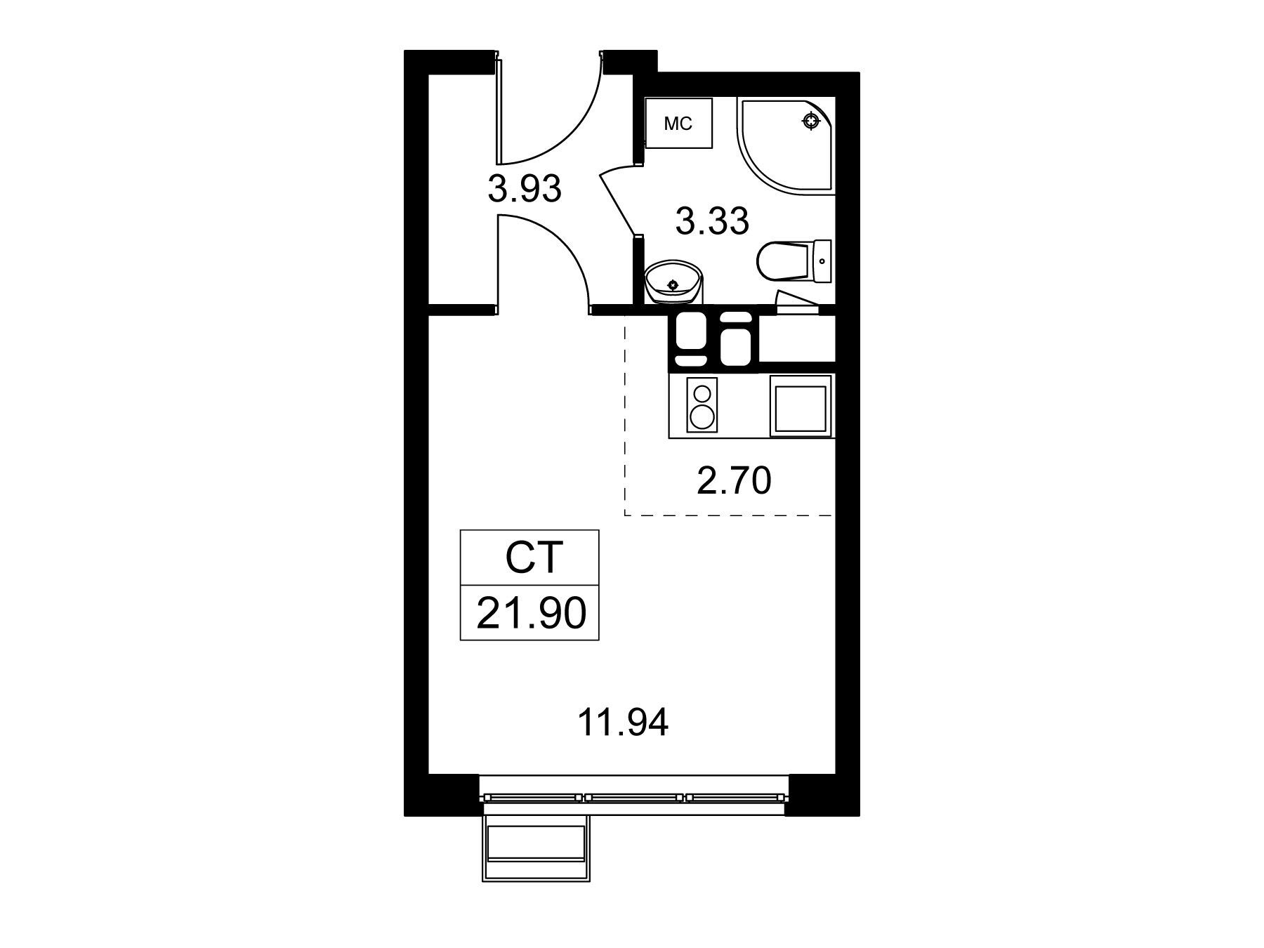 Планировка: Студия 21.90 м² в новостройке ЖК Новотомилино