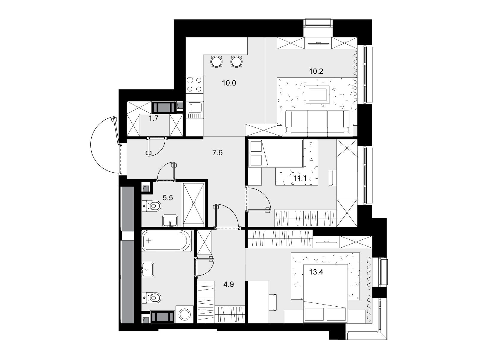 Планировка: 2-комн. квартира 67.60 м² в новостройке Трилогия Кристалл