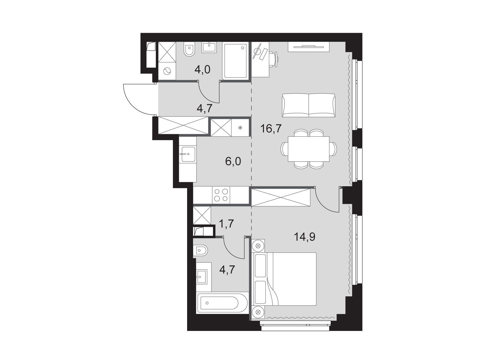 Планировка: 2-комн. квартира 52.70 м² в новостройке Сидней Сити