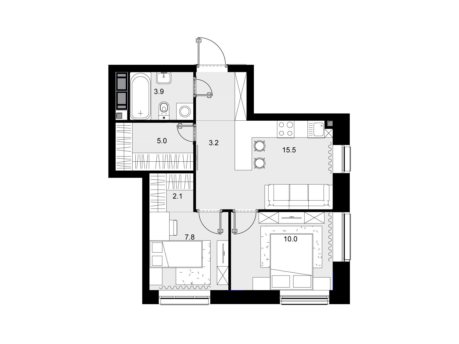 Планировка: 2-комн. квартира 47.50 м² в новостройке Трилогия Кристалл