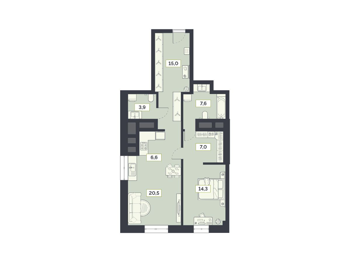 Планировка: 2-комн. квартира 75.10 м² в новостройке Лайм