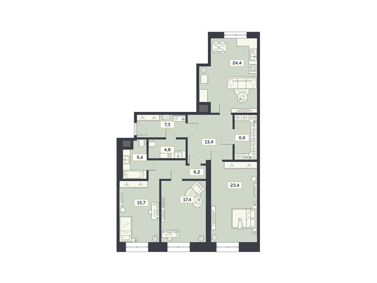 Планировка: 3-комн. квартира 124.60 м² в новостройке Лайм