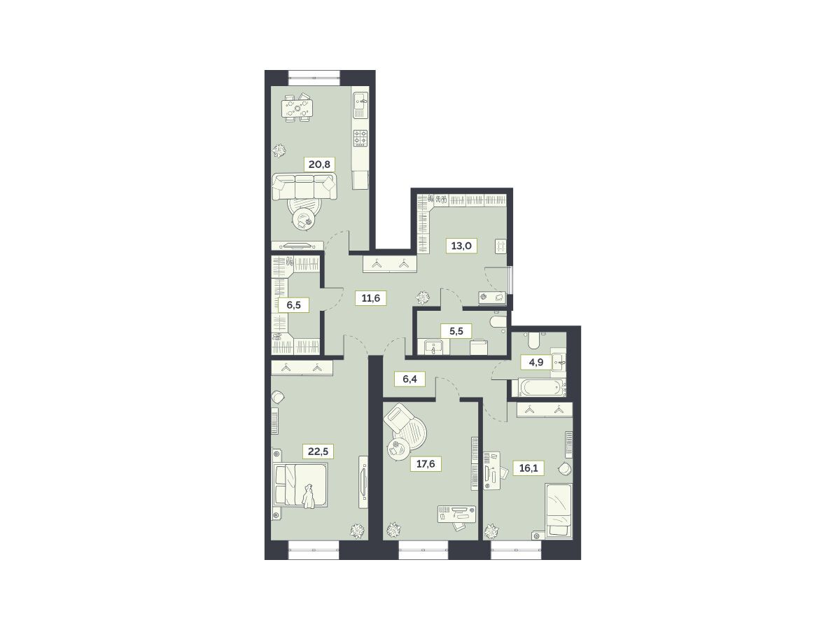 Планировка: 3-комн. квартира 124.90 м² в новостройке Лайм