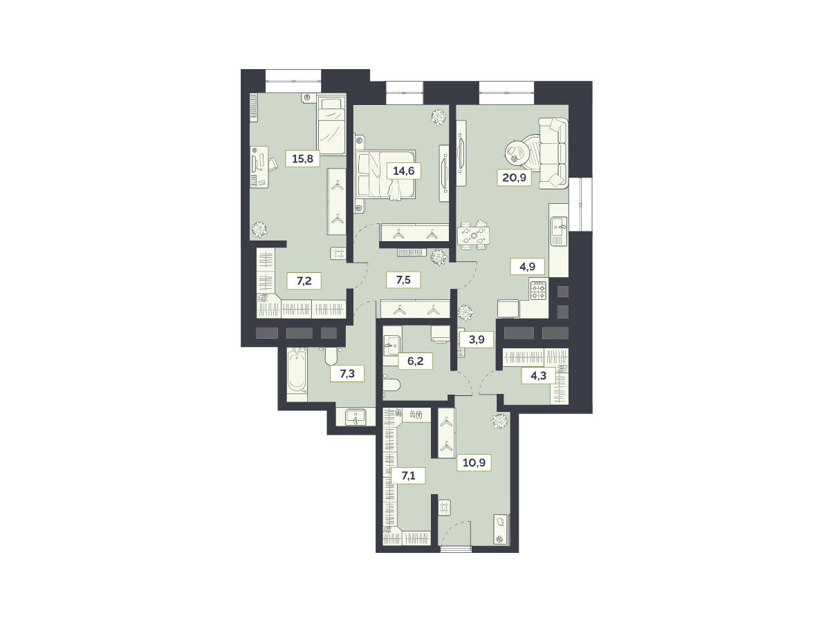 Планировка: 3-комн. квартира 110.70 м² в новостройке Лайм