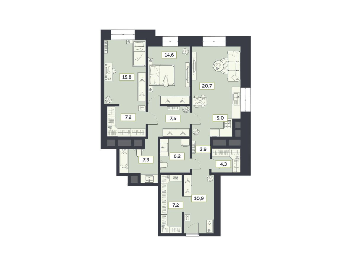 Планировка: 3-комн. квартира 110.60 м² в новостройке Лайм