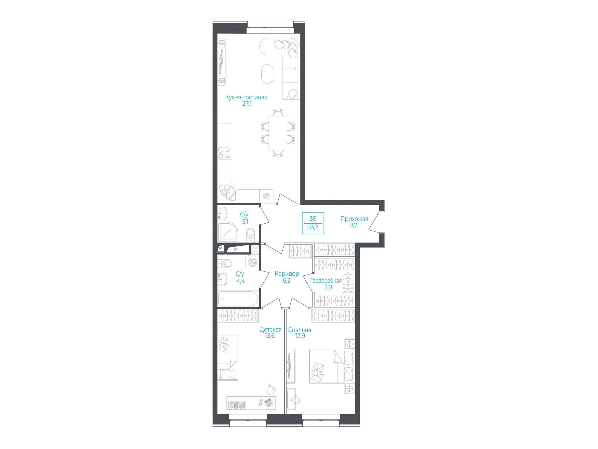 Планировка: 3-комн. квартира 83.50 м² в новостройке Монодом Лэйк