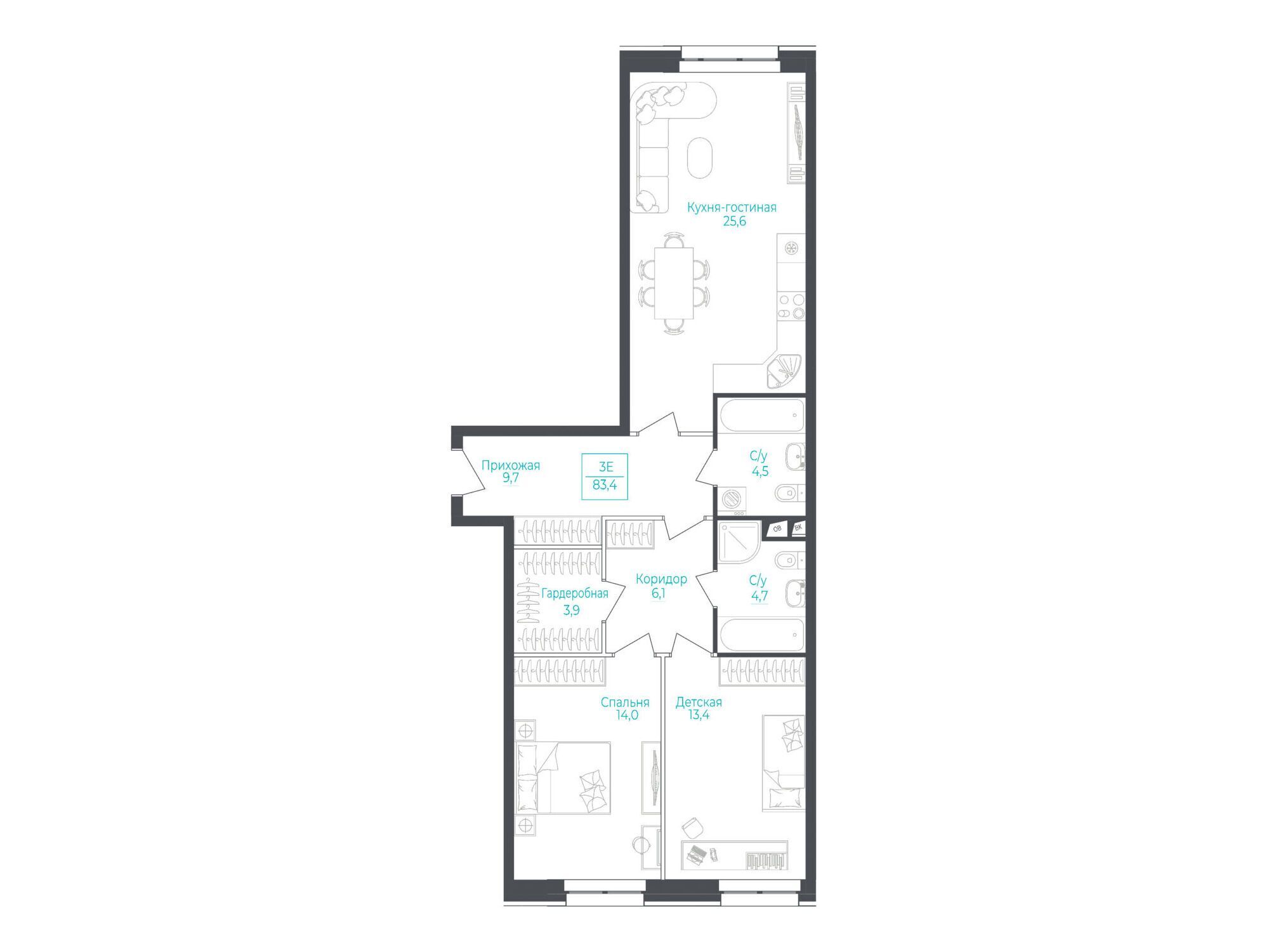 Планировка: 3-комн. квартира 83.60 м² в новостройке Монодом Лэйк
