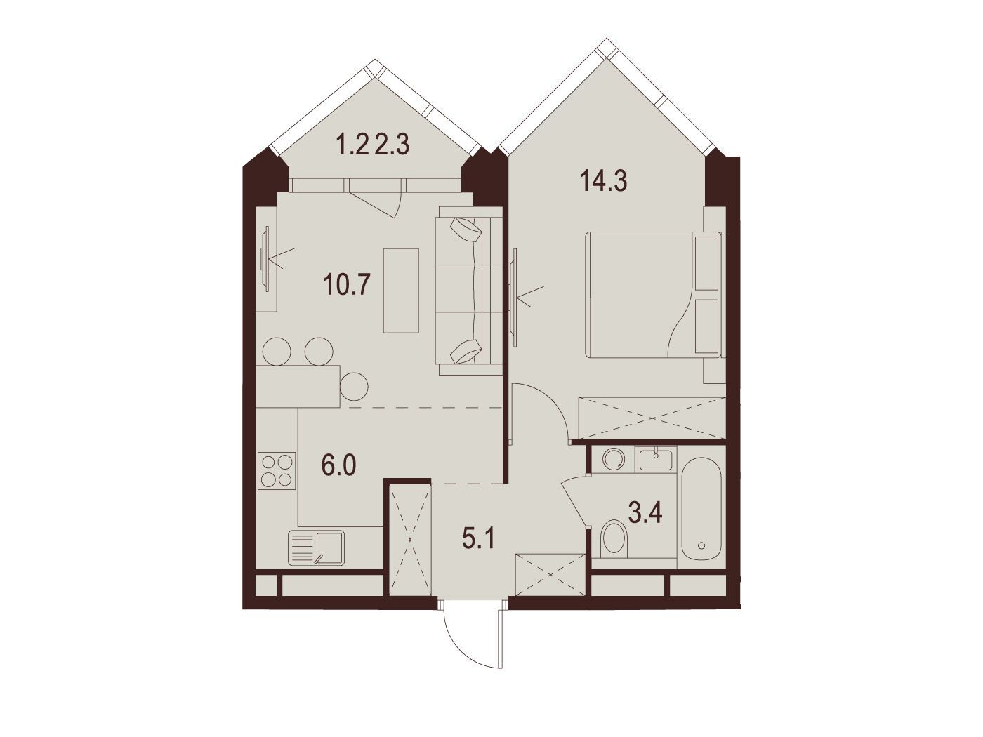 Планировка: 1-комн. квартира 40.70 м² в новостройке ЖК Инди Тауэрз