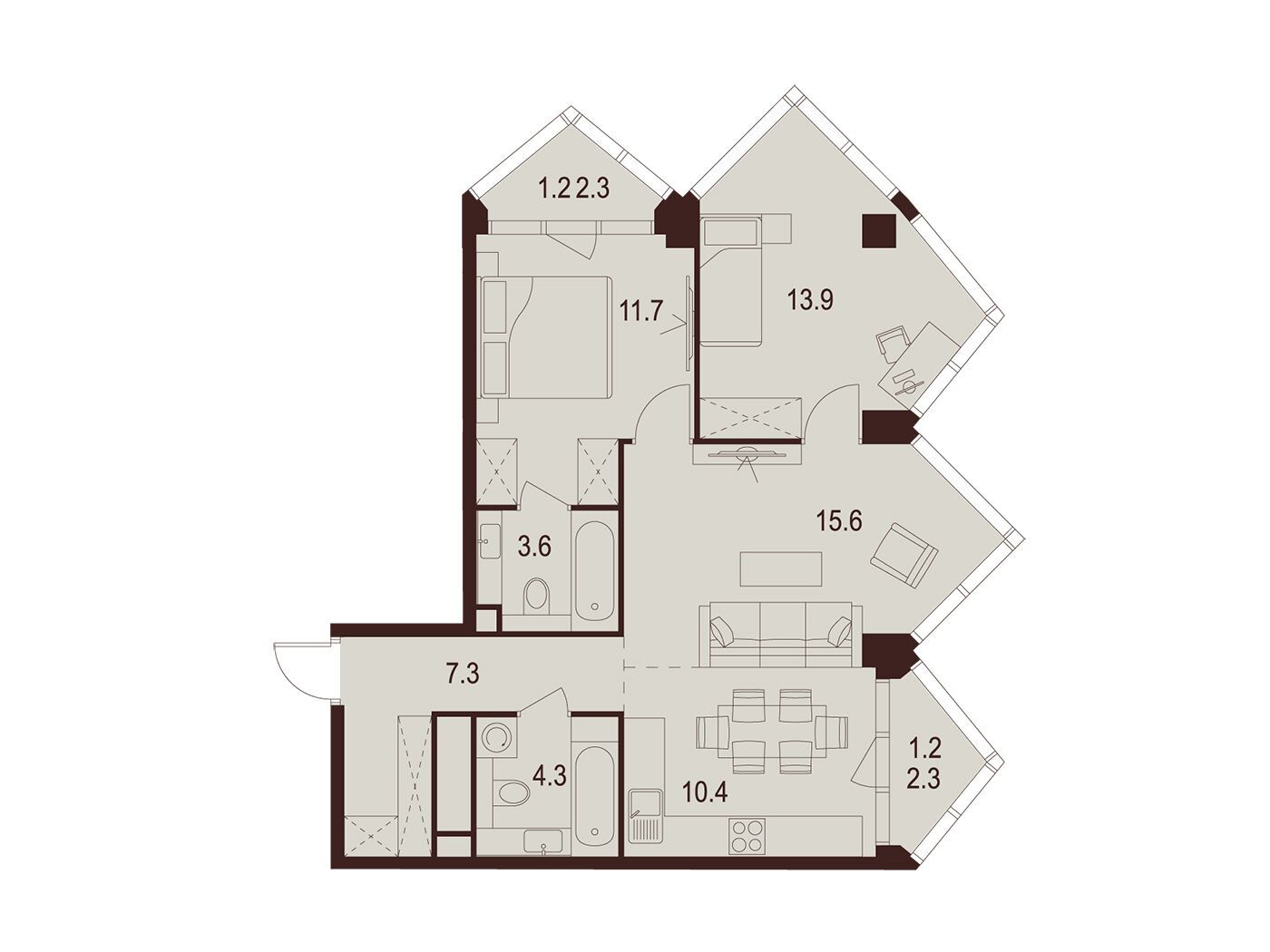 Планировка: 2-комн. квартира 69.20 м² в новостройке Инди Тауэрз